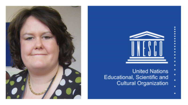Dr Katharine Jewitt and the logo of the United Nations Education, Scientific and Cultural Organisation