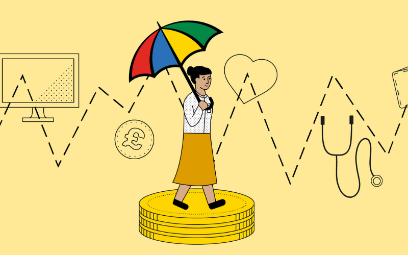 Cartoon image of a woman stood on a pile of large coins. She is holding a colourful umbrella (the Legal & General brand). Behind are line drawings of a computer, money, stethoscope, wallet and a heart. 