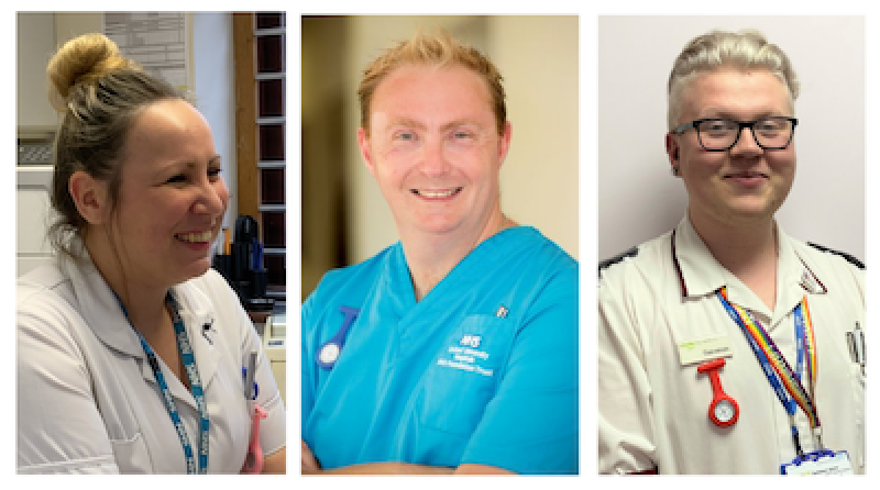 Tryptych-sytle image showing OU nursing students and graduates Lisa Blake, Paul Gardner-Smith and Solomon Jones