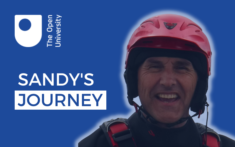 Cutout photograph of Sandy Johnston smiling in outdoor watersports gear and a helmet on a blue background. The OU logo appears in the top left with the words 'SANDY'S JOURNEY' written underneath.