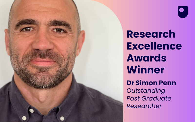 A photo of Dr Simon Penn with the words: Research Excellence Awards Winner Dr Simon Penn, Outstanding Post Graduate Researcher