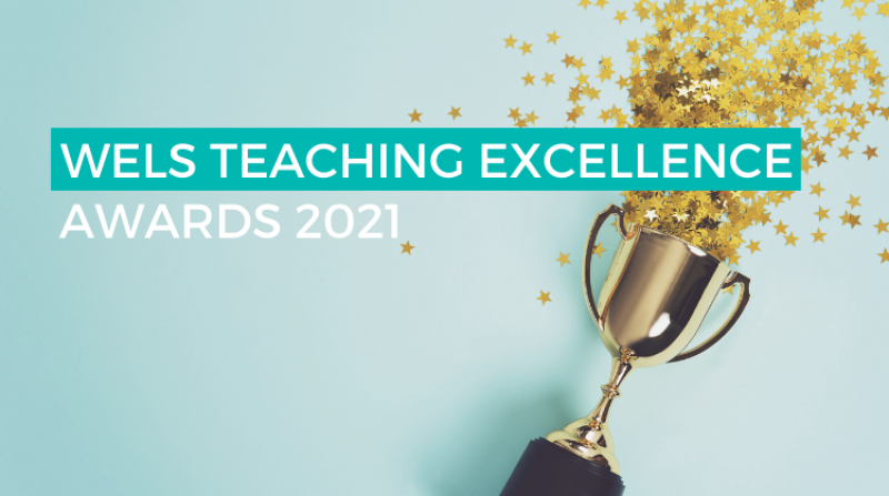 Photograph of a trophy on its side, spilling star confetti on to a clean, blue background. The text "WELS TEACHING EXCELLENCE AWARDS 2021" is overlaid on top of the image.