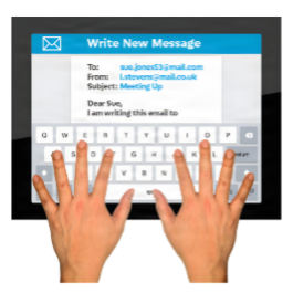 A digital interface shows an email being composed. The 'To' field has sue.jones53@mail.com, and the 'From' field is l.stevens@mail.co.uk. The subject is 'Meeting Up', and the body starts with 'Dear Sue, I am writing this email to'. Human hands are poised above a virtual keyboard, ready to type 